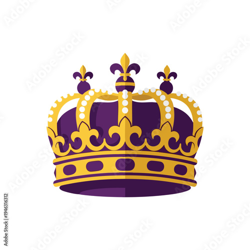 A regal, ornate purple and gold crown adorned with white pearls