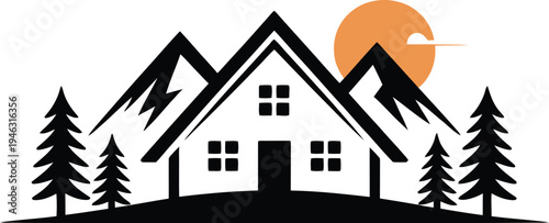 Mountain cabin silhouette with pine trees and sunset