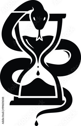 A vector illustration of a snake wrapped around an hourglass with a single drop falling.