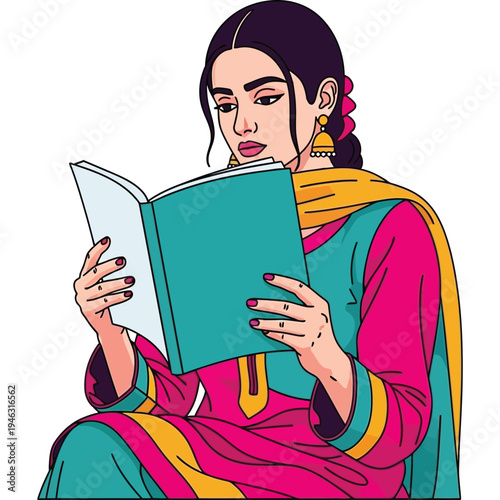 Photography Young woman reading book attentively, engrossed in story