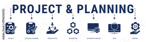 Project & Planning web banner icon vector illustration with Project, Strategic Planning, Organization, Integration, Automated Process and Sync