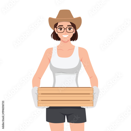 Smiling Female Farmer Holding Wooden Harvest Crate. Flat Vector Character