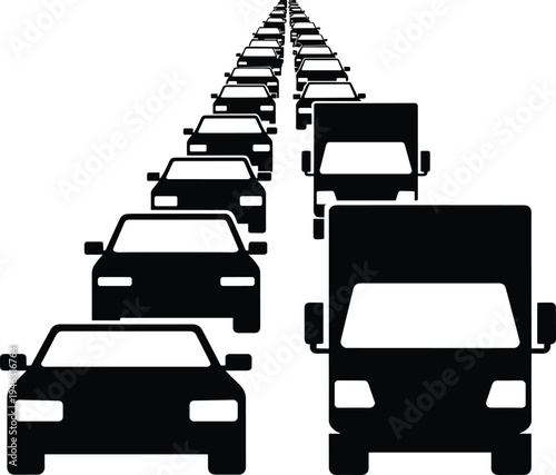 Traffic jam with cars and trucks, urban transportation congestion concept, busy highway vehicles illustration, road traffic vector silhouette isolated