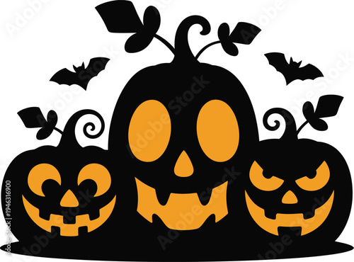 Halloween pumpkins with bats on white background for autumn decoration and spooky ambiance