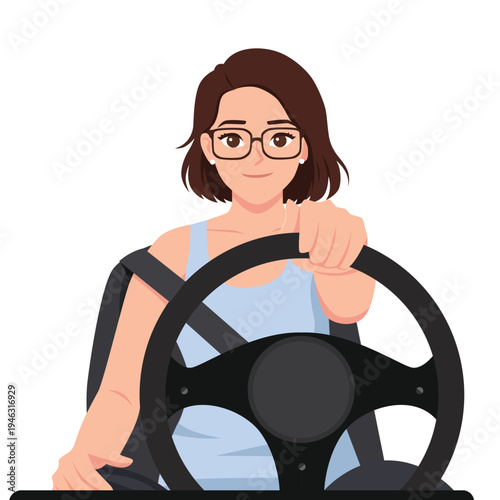 Smiling Woman Driving Car with Seatbelt Holding Steering Wheel. Flat Vector Character
