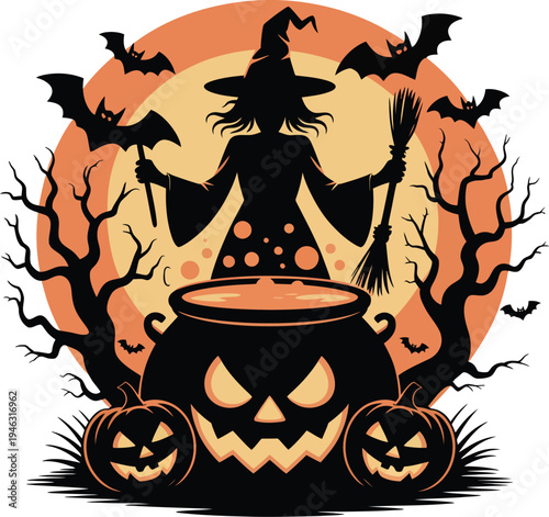 Halloween scene with witch stirring cauldron surrounded by jack-o-lanterns bats and trees under full moon