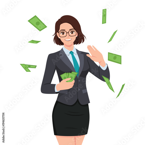 Successful Businesswoman Holding Cash with Flying Money. Flat Vector Character