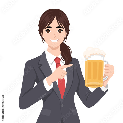 Businesswoman Holding Beer Mug and Pointing. Oktoberfest Celebration. Flat Vector Character