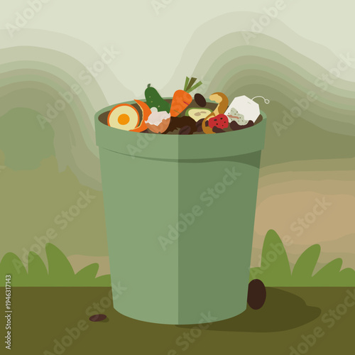 Overflowing green trash can filled with food waste and organic matter in a natural setting