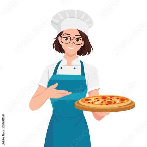 Female Chef Presenting Fresh Pizza on Tray Food Service. Flat Vector Character