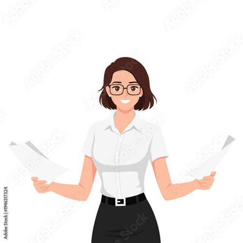 Smiling Female Office Worker Holding Papers. Flat Vector Character