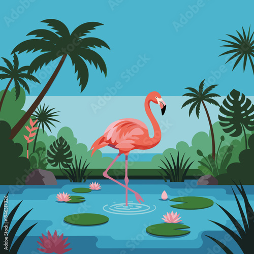 Vibrant flamingo stands amidst lush tropical foliage by the serene ocean backdrop