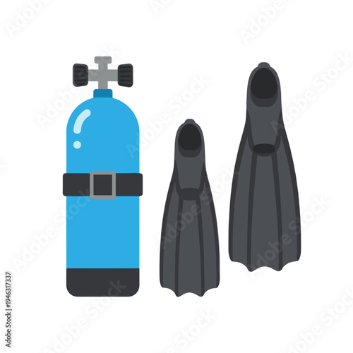 Scuba diving equipment including a blue tank and black fins, set against a white backdrop