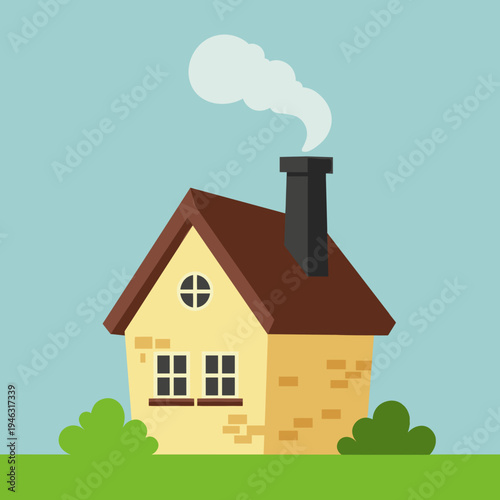 Cozy house with chimney emitting smoke against a clear blue sky, peaceful atmosphere