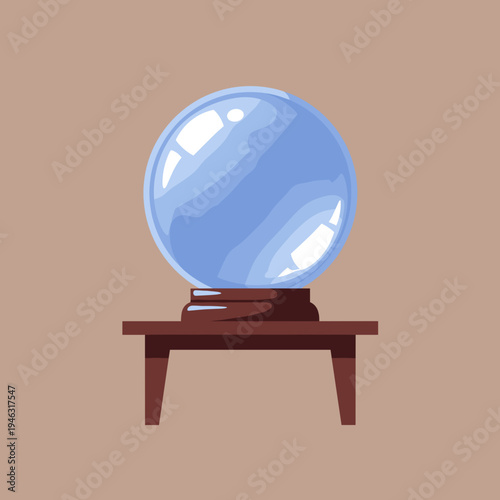 A crystal ball resting on a wooden base against a neutral background, symbolizing fortune-telling