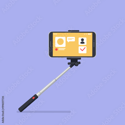 Smartphone on a selfie stick capturing a vibrant background with social media elements