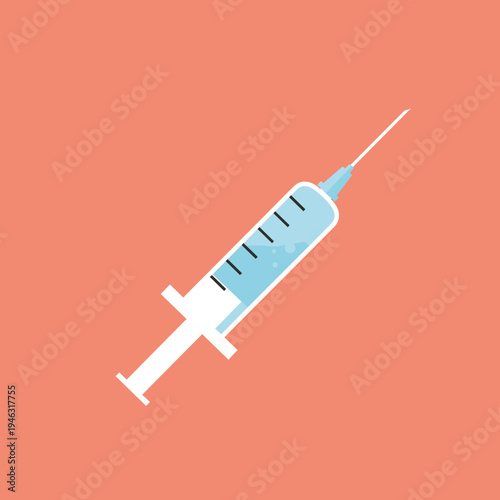 Medical syringe with blue liquid on a coral background, symbolizing vaccination and health