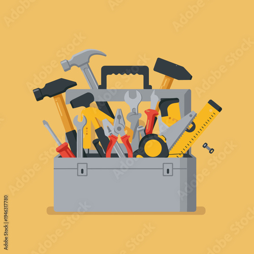 A vibrant toolbox overflowing with various hand tools against a bright yellow background