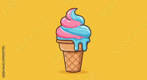 Colorful ice cream cone with swirls of blue and pink against a bright yellow background