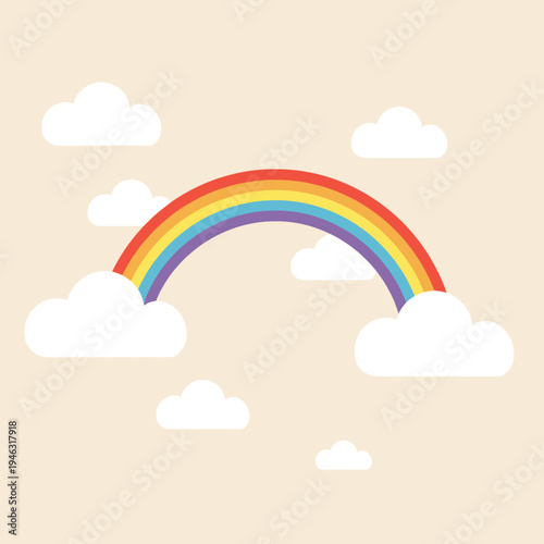 Colorful rainbow arching over fluffy clouds in a serene sky background