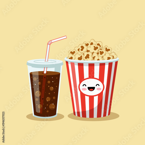 A cheerful cartoon illustration of a popcorn bucket and soda cup on a yellow background