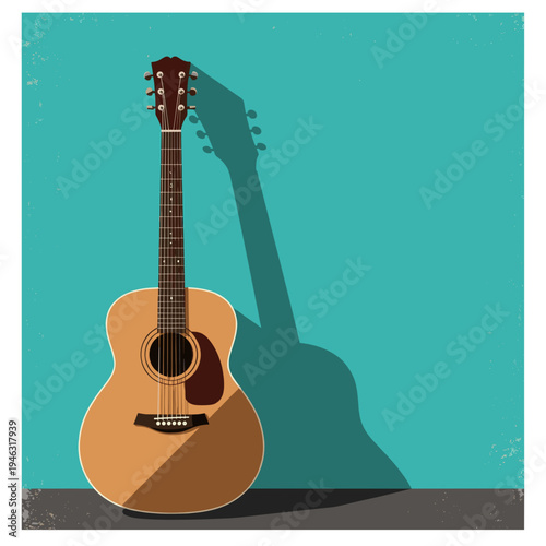 Acoustic guitar leaning against a vibrant turquoise wall, casting a long shadow