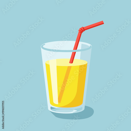 Refreshing glass of yellow juice with a red straw against a soft blue background