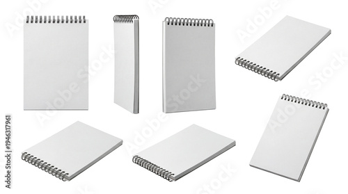 Versatile collection of blank white spiral notebooks with white wire binding.