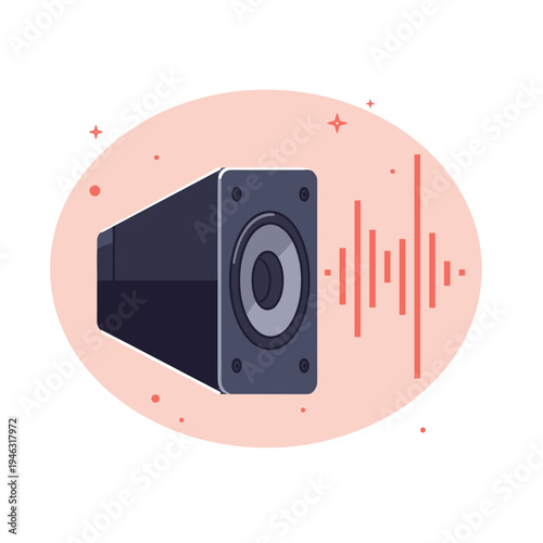 Modern speaker emitting sound waves in a vibrant, abstract background design
