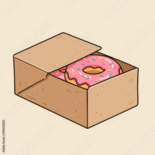 A box of colorful donuts with pink icing and sprinkles, set against a light background
