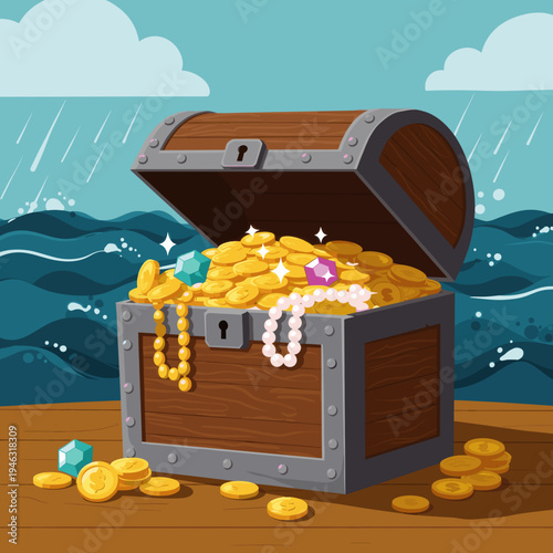 Treasure chest overflowing with gold coins and jewels amidst a stormy sea backdrop