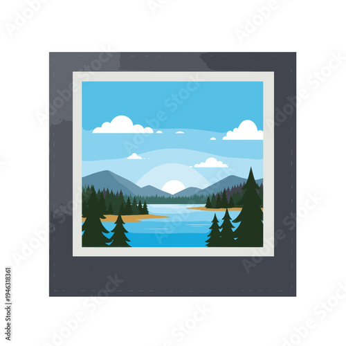 Serene landscape with mountains, lake, and trees under a blue sky at sunset