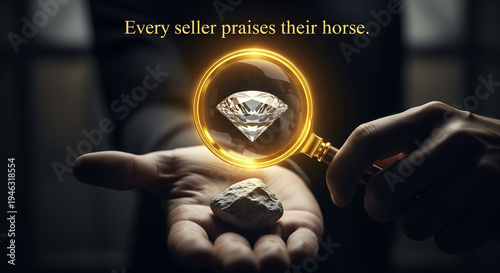 A glowing magnifying glass creates a false illusion of a diamond from a dull stone, symbolizing sales bias, deception, and consumer psychology.
