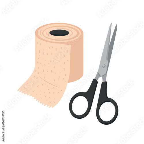 A roll of textured fabric alongside sharp scissors on a clean white background