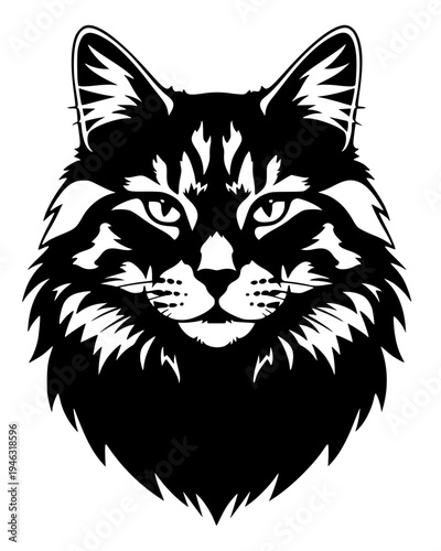 black silhouette of a Maine Coon cat head. Features thick mane detail and tufted ears, offering a darker, high-contrast alternative to previous feline portraits.