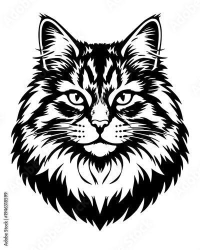 High-contrast black vector of a Maine Coon or forest cat head. Detailed linework emphasizes its wild, tufted ears and thick mane, capturing a regal and intense feline expression