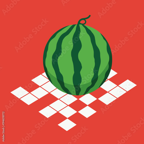 A vibrant watermelon resting on a checkered tablecloth against a bold red background