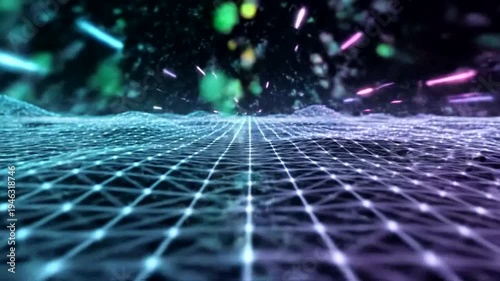 Futuristic grid background with neon lights.