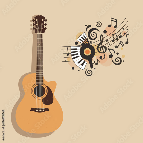 Acoustic guitar beside musical notes and piano keys on a beige background