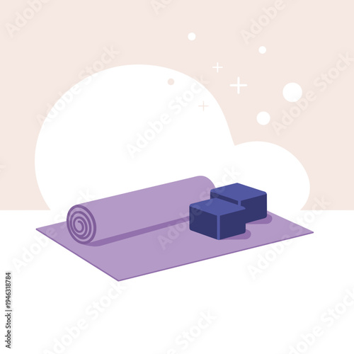 A serene yoga setup featuring a rolled mat and blocks against a soft, calming background