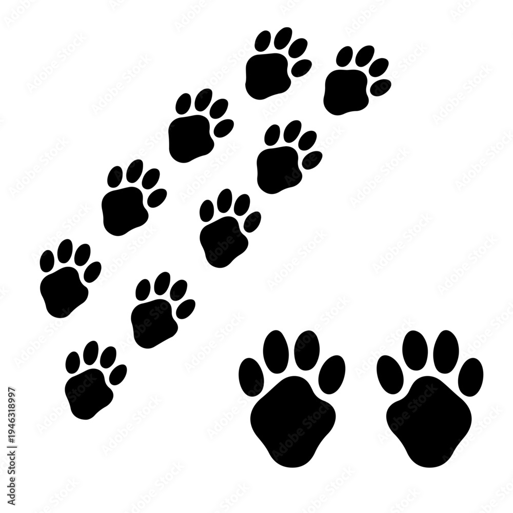 Fototapeta premium Hand drawn dog paw footprint symbol isolated on white background, paw, pattern, animal, print, dog, cat, foot, pet, shape, vector, illustration
