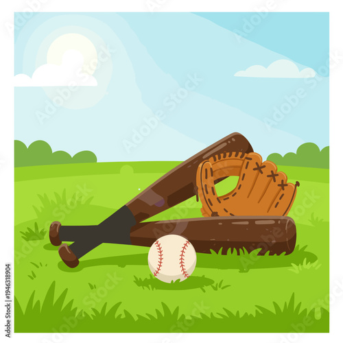 Baseball bat and glove resting on a wooden surface in a sunny green field