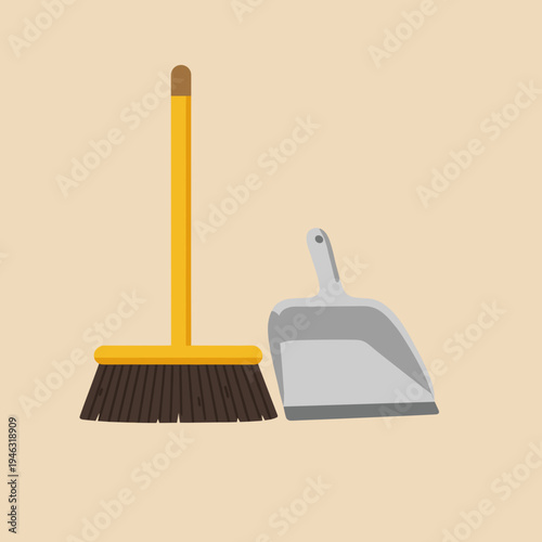 Cleaning tools including a broom and dustpan against a soft beige background