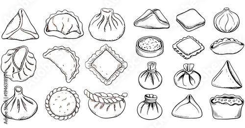 Hand Drawn Sketch of Traditional Dumplings and Pastries from Global Cuisines, Dumpling Vector Illustration