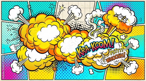 Pop art comic book explosion with floral vector pattern and pink roses