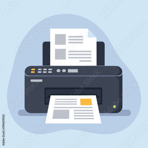 Modern printer in a bright office setting, printing documents with a clean background