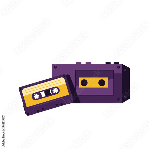 Colorful vintage cassette tape and player against a clean white background, nostalgic vibe