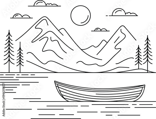 Rowboat on calm water near mountains and trees stylized line art illustration