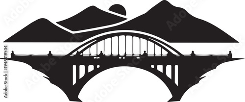 Black silhouette of bridge with mountains in the background  iconic landscape design element