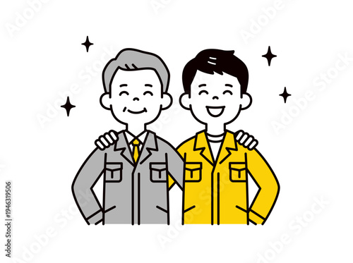 笑顔で肩を組む、作業着を着た社長・経営者と若い現場作業員の上半身ベクターイラスト素材